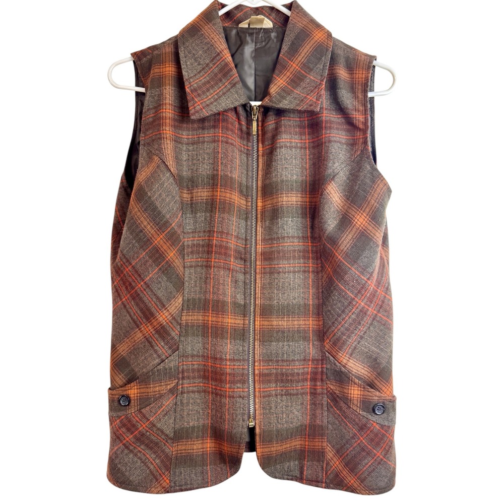 Dark Academia Womens Y2K Retro Brown Orange Plaid Zip Front Lined Vest Size M